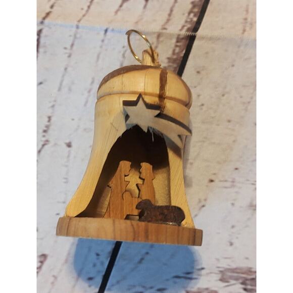 Olive Wood Bell Nativity Scene Christmas tree Ornament hand Carved - Picture 1 of 8